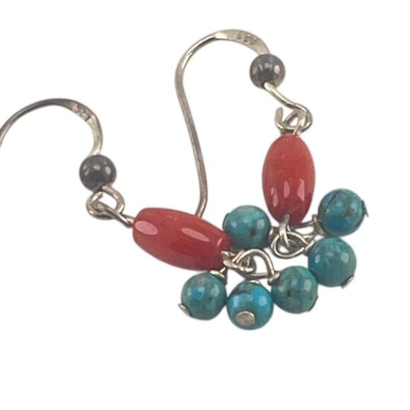 Handcrafted Silver Hook Earrings With Red & Turquoise Beads Boho - Picture 2 of 6